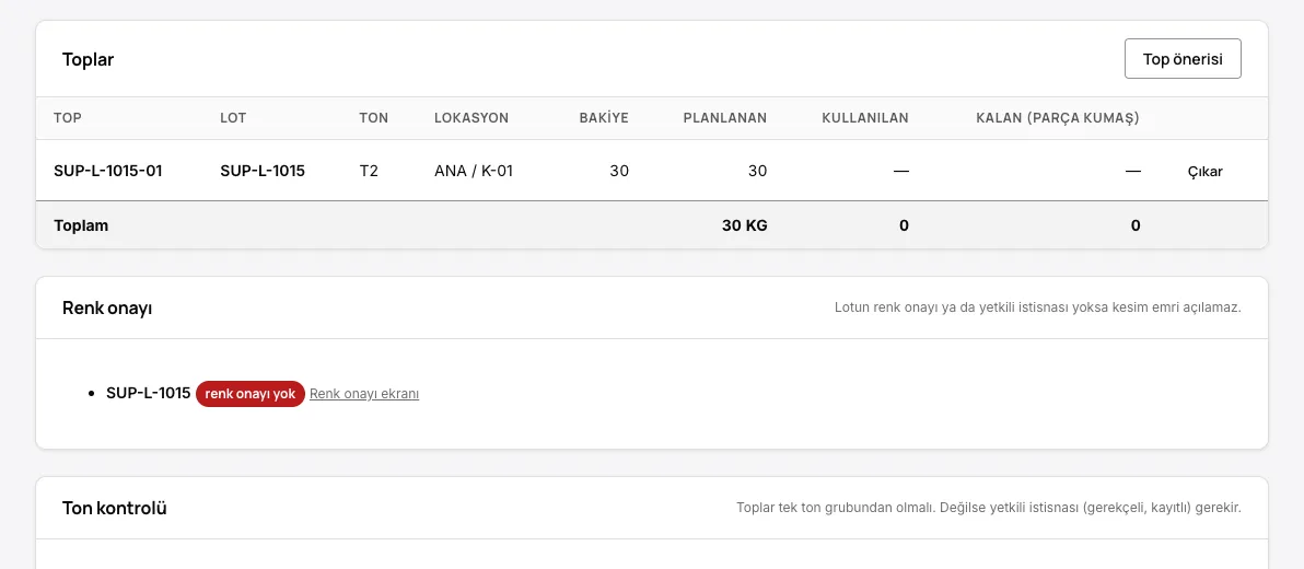 Ton hatası kesimden önce durur
