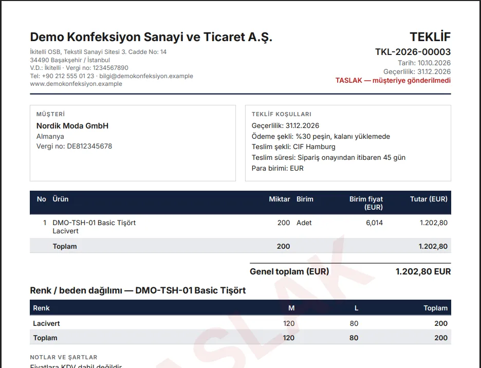 Teklif belgesi: firma anteti, koşullar ve renk × beden dağılımı. Taslakta “TASLAK” filigranı.