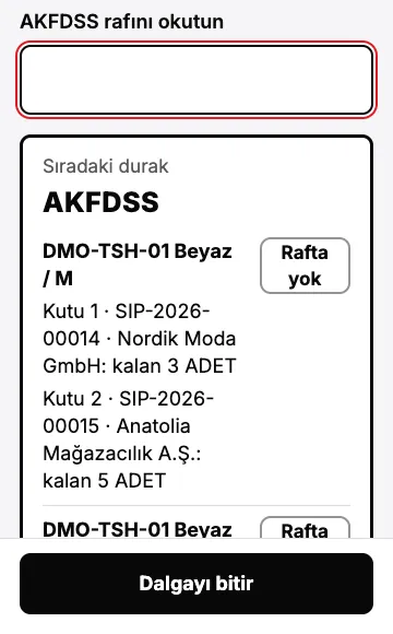 Dalga toplama: sıradaki raf ve kutular.